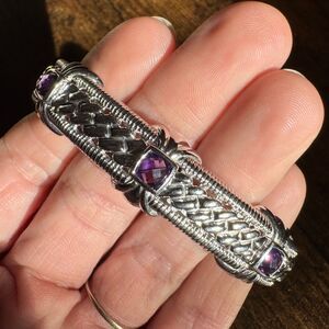Vintage Judith Ripka Sterling Silver Amethyst Hinged Cuff Bracelet Rope Textured